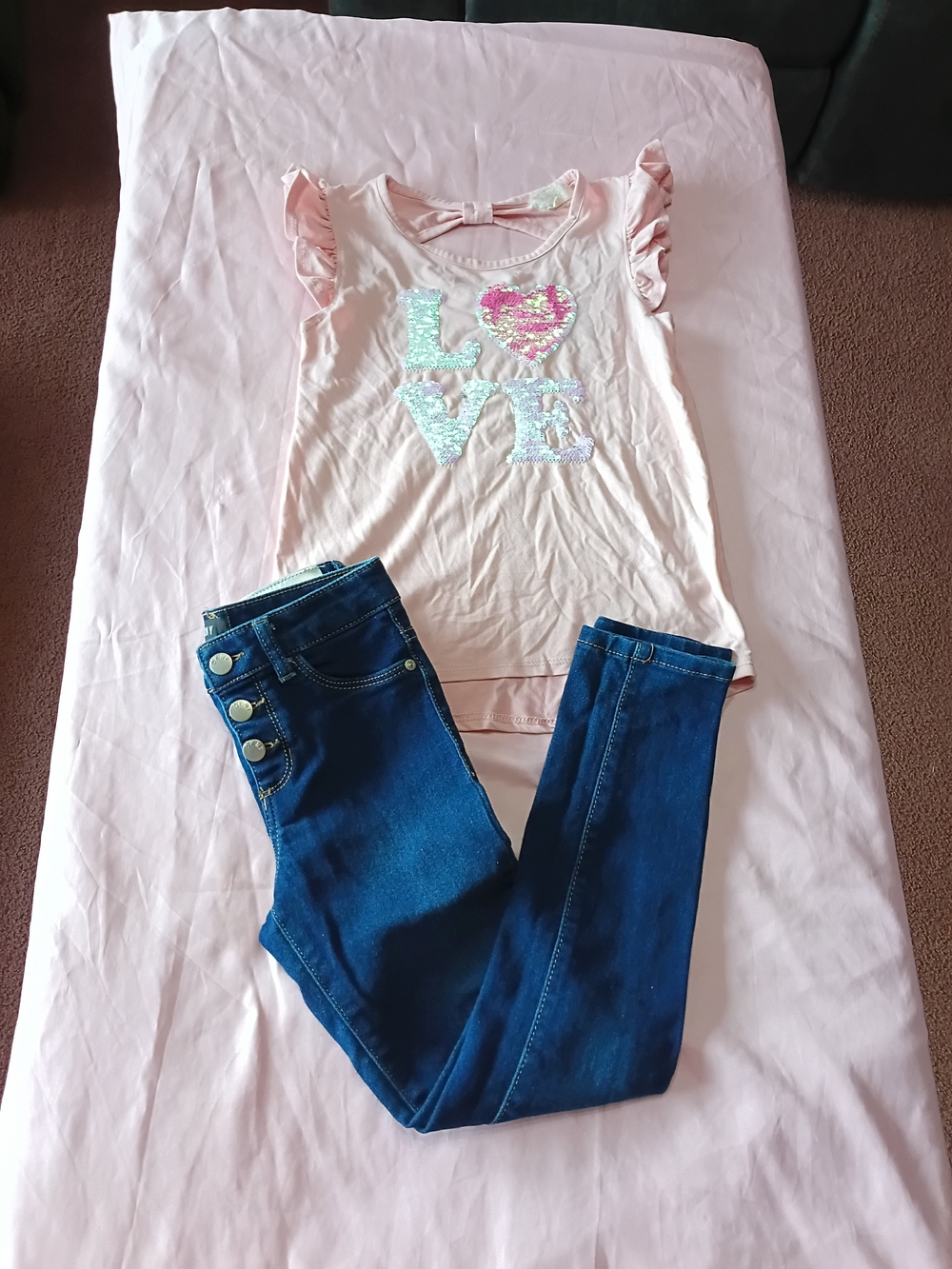 Girls Pink Sequin 'LOVE' Tank Top & Blue Denim Leggings Set Size 7/8